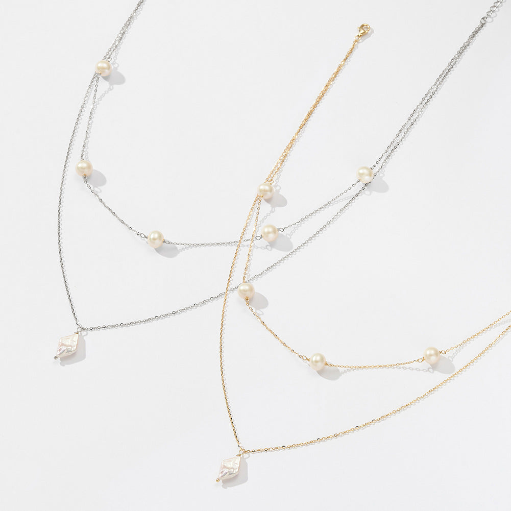Gold Stainless Steel Double Layer Pearl Crystal Necklace, Freshwater Pearl Station Chain, Diamond Shape Clear Crystal Pendant