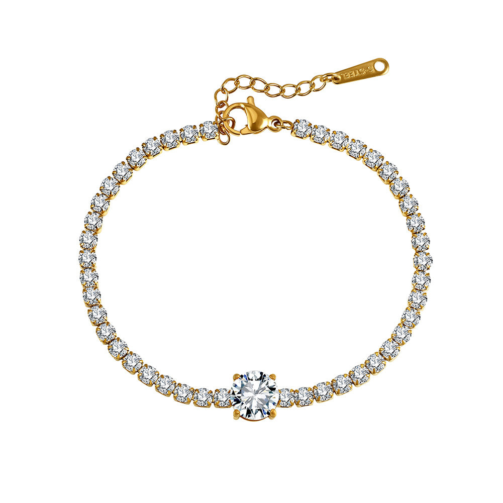 Gold Plated Stainless Steel Round CZ Tennis Bracelet, Brilliant Cut Round Cubic Zirconia Center Stone, Adjustable Extension