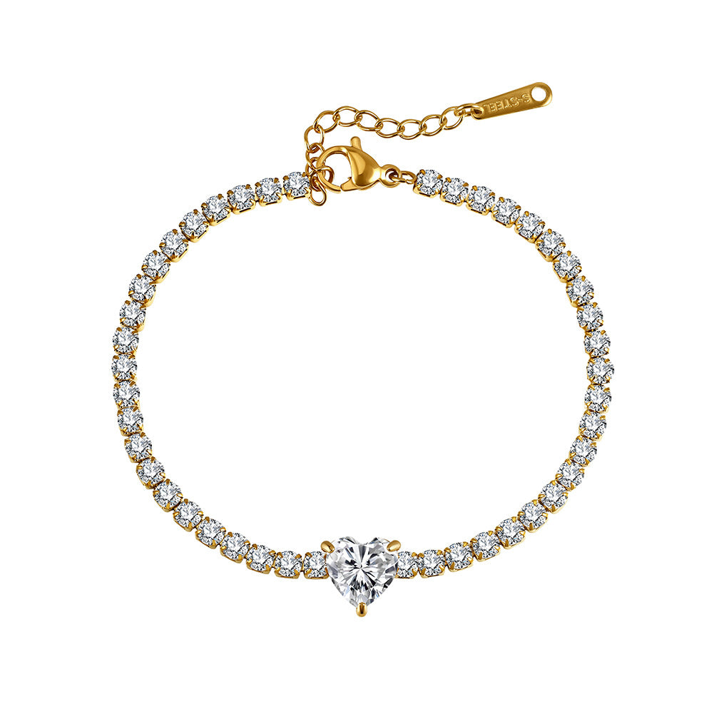 Gold Plated Stainless Steel Heart CZ Tennis Bracelet, Paved Cubic Zirconia Heart Center Stone, Adjustable Extension