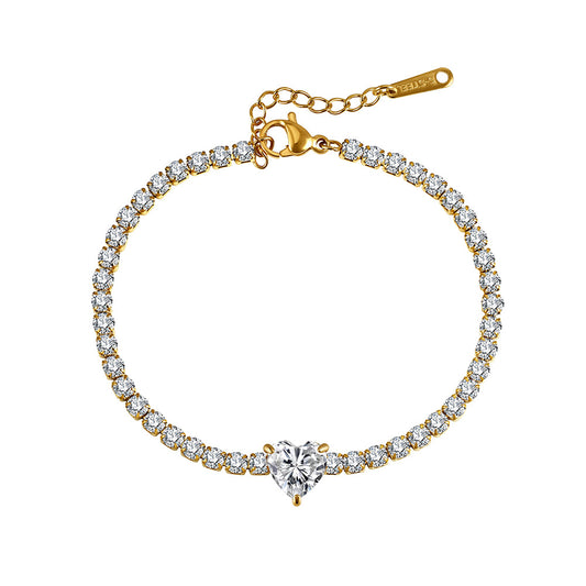 Gold Plated Stainless Steel Heart CZ Tennis Bracelet, Paved Cubic Zirconia Heart Center Stone, Adjustable Extension