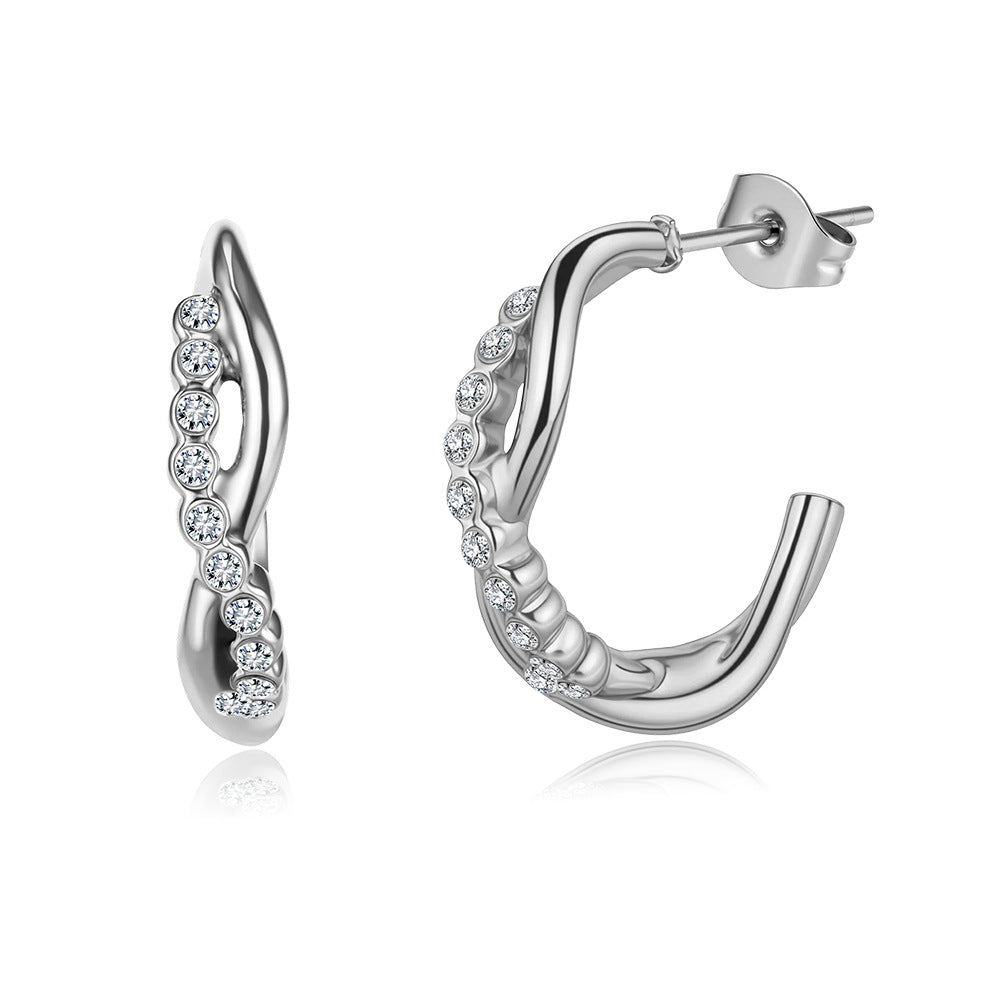 Silver Stainless Steel Twisted Open C Hoop Earrings Paved with Round CZ Gems