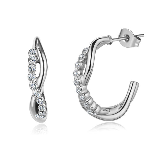 Silver Stainless Steel Twisted Open C Hoop Earrings Paved with Round CZ Gems
