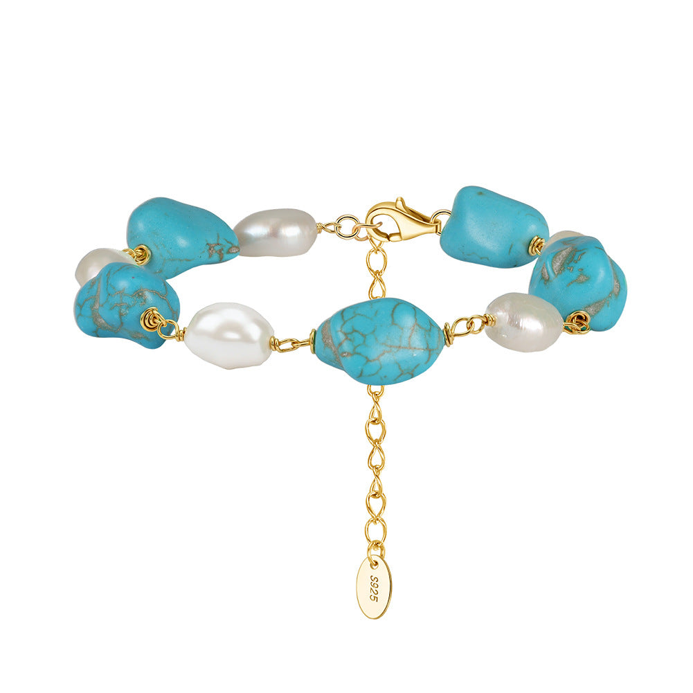 S925 Gold Plated Turquoise Pearl Bracelet, Irregular Baroque Lustrous Freshwater Pearls & Raw Turquoise Beads, Hand Wire Wrapped, Adjustable Extension Chain