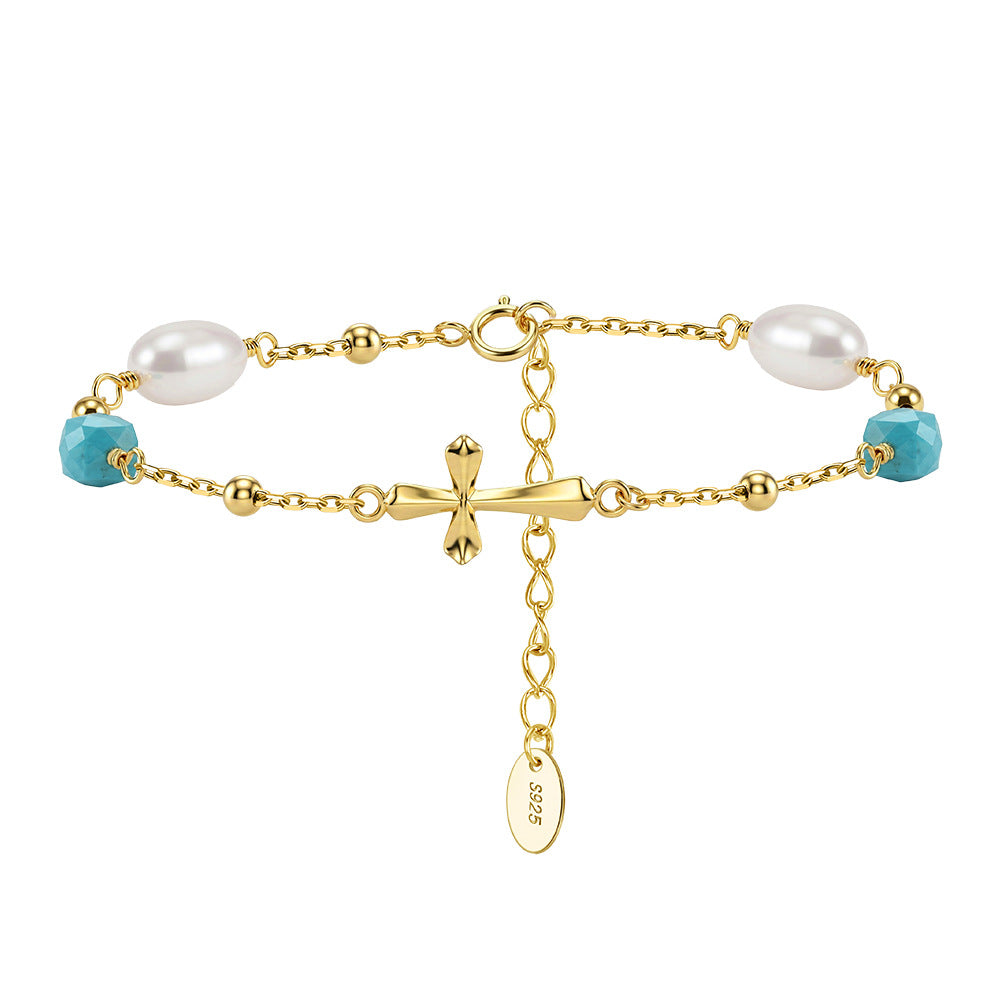 MPB23S925 Gold Plated Cross Pearl Bracelet, Oval Lustrous Freshwater Pearls, Faceted Turquoise Beads and Polished Cross Charm, Adjustable Extension Chain