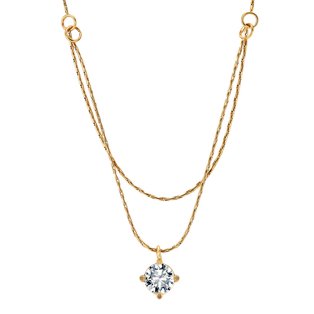Gold Stainless Steel Double Layer Paperclip Chain Necklace, Solitaire Round CZ Four Prong Drop Pendant