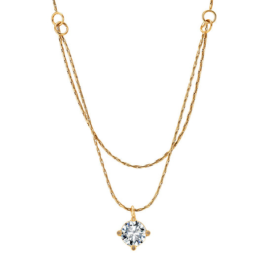 Gold Stainless Steel Double Layer Paperclip Chain Necklace, Solitaire Round CZ Four Prong Drop Pendant