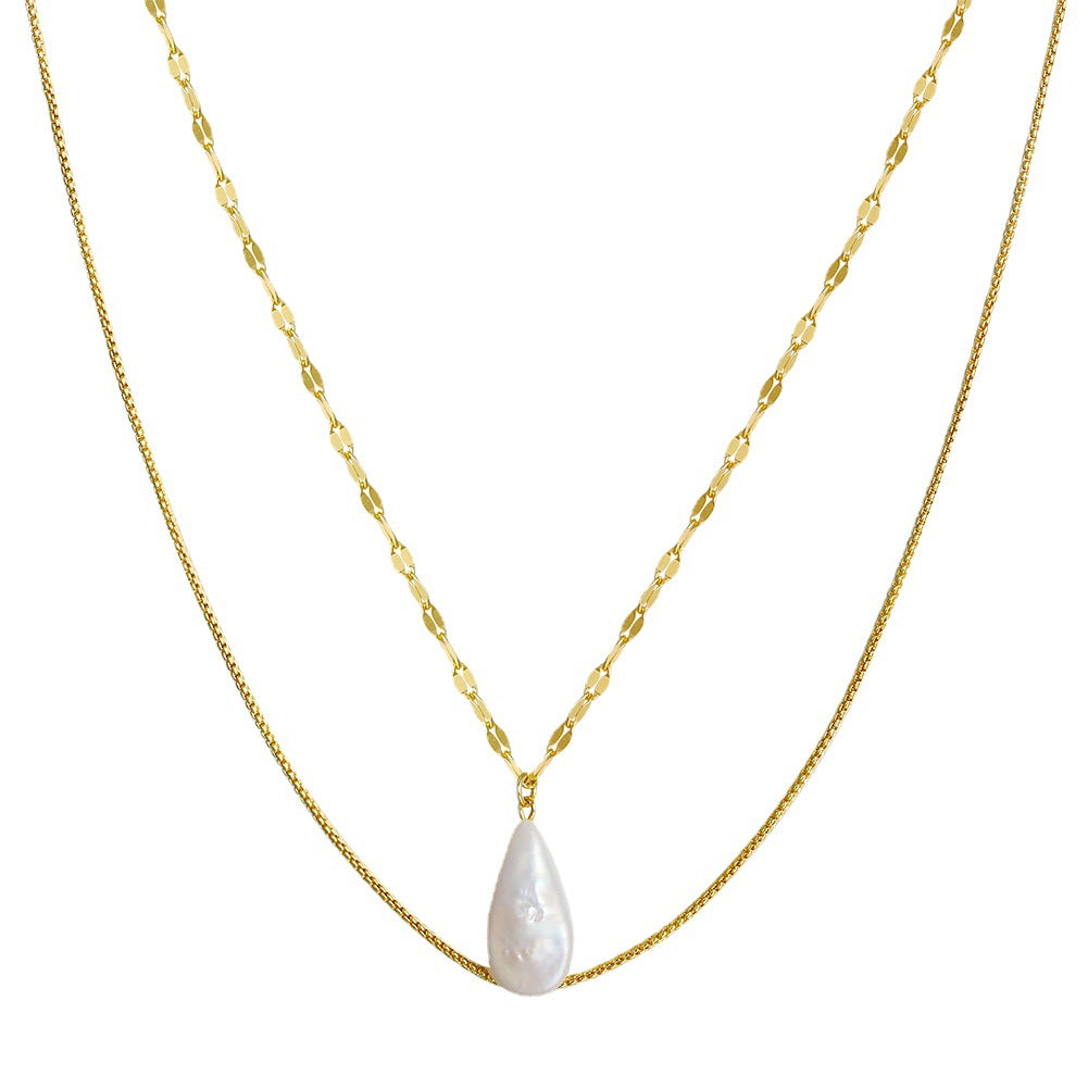 Gold Double Layered Necklace, Lustrous Teardrop Baroque Freshwater Pearl Pendant with Dual Different Texture Gold Chains