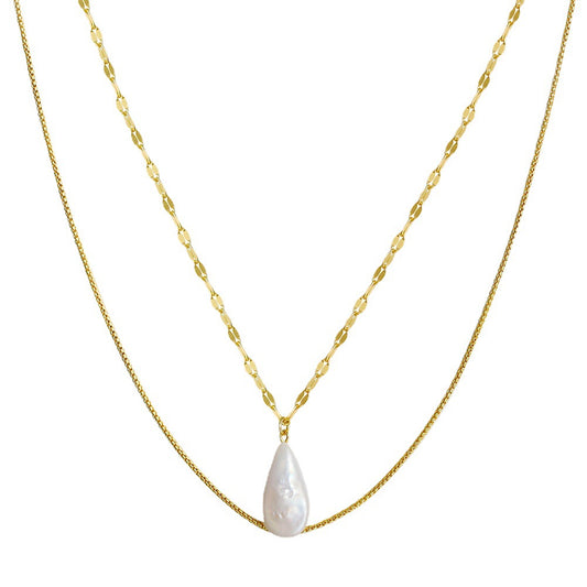 Gold Double Layered Necklace, Lustrous Teardrop Baroque Freshwater Pearl Pendant with Dual Different Texture Gold Chains