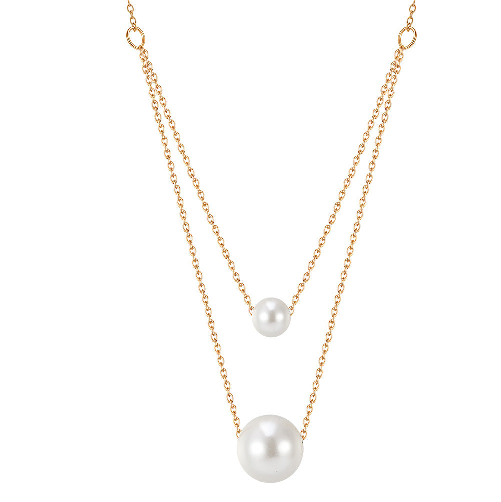 Gold Stainless Steel Double Layer Rolo Chain Necklace, Two Size Graduated Floating White Pearl Drop Pendants