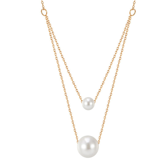 Gold Stainless Steel Double Layer Rolo Chain Necklace, Two Size Graduated Floating White Pearl Drop Pendants