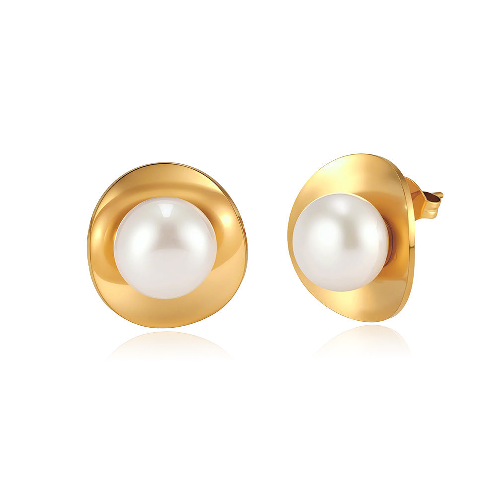 Gold Plated Stainless Steel Curved Disk Stud Earrings Centered with Large Imitation Pearl