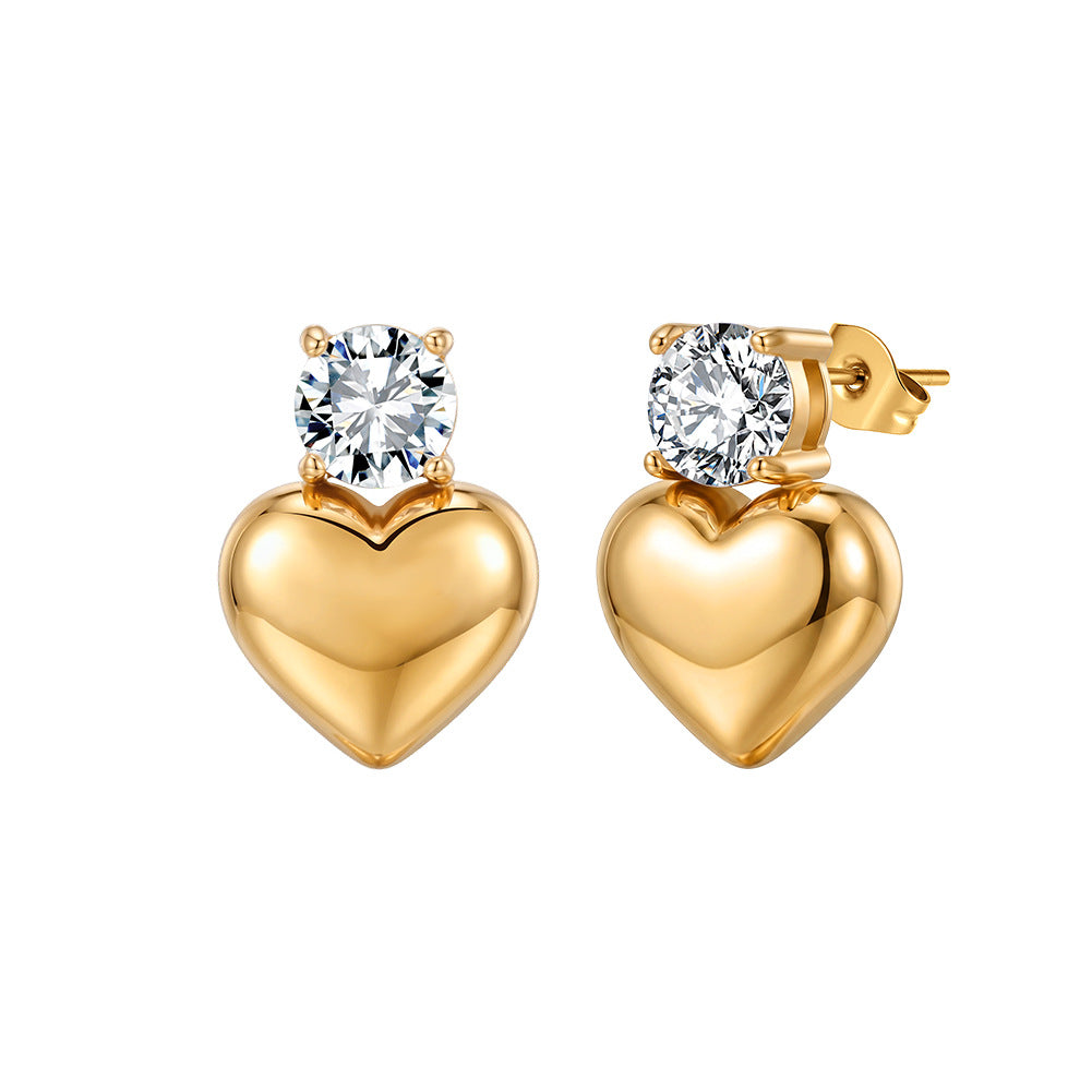 Gold Plated Stainless Steel Round CZ Stud Earrings with Puffy Heart Drop