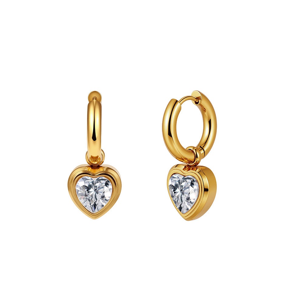 Gold Plated Stainless Steel Bezel Set Heart CZ Charm Huggie Hoop Earrings