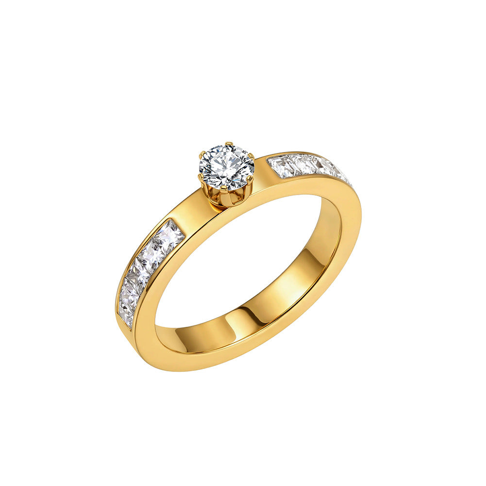 Gold Plated Stainless Steel Ring, Round CZ Solitaire with Baguette Side Stones Band