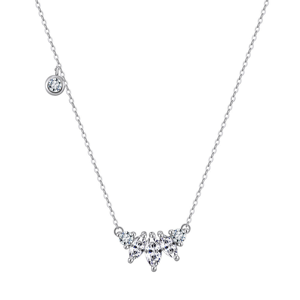 Silver Stainless Steel Marquise CZ Cluster Necklace, Leaf Shape Clear Cubic Zirconia Pendant with Single Side Tiny CZ Accent