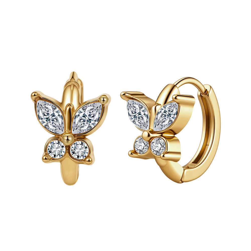 Gold Plated Stainless Steel Marquise & Round CZ Butterfly Huggie Hoop Earrings