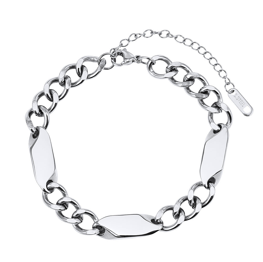 Silver Stainless Steel Chunky Curb Link Bracelet, Twisted Flat Rectangle Tags, Adjustable Extension Chain