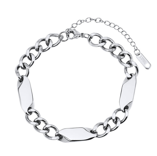 Silver Stainless Steel Chunky Curb Link Bracelet, Twisted Flat Rectangle Tags, Adjustable Extension Chain