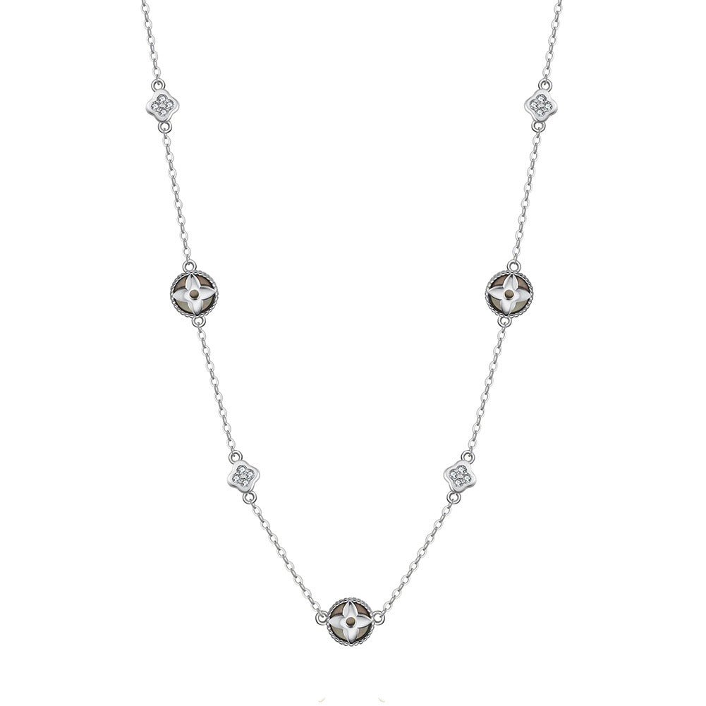 Silver Four Leaf Clover Station Necklace, Inlaid Mother of Pearl & Cubic Zirconia Clover Charms Dainty Cable Chain