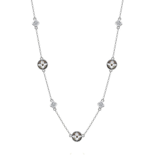 Silver Four Leaf Clover Station Necklace, Inlaid Mother of Pearl & Cubic Zirconia Clover Charms Dainty Cable Chain