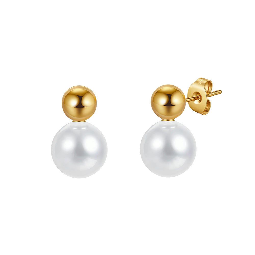 Gold Plated Stainless Steel Two-Ball Stud Earrings, Small Metal Ball and Large Imitation Pearl