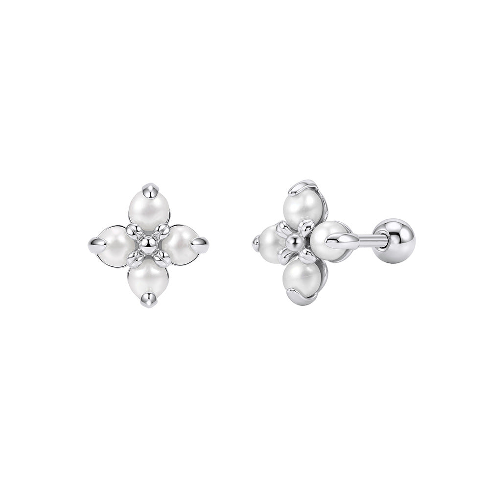 S925 Sterling Silver Four-Petal Flower Freshwater Pearl Screw Back Stud Earrings, Cluster Small Round Pearls Floral Ear Piercing Jewelry