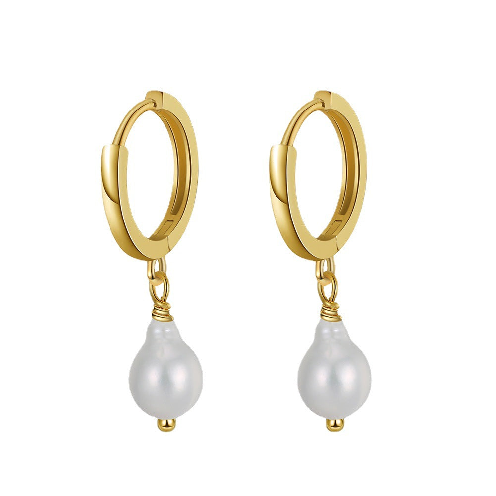 S925 Sterling Silver Chunky Huggie Hoop Pearl Earrings, Bulbous Teardrop Shaped Lustrous Freshwater Pearl Dangling from Thick Polished Huggie