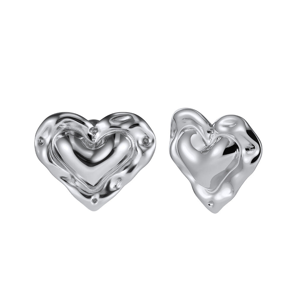 Silver Stainless Steel Irregular Molten Double Heart Stud Earrings