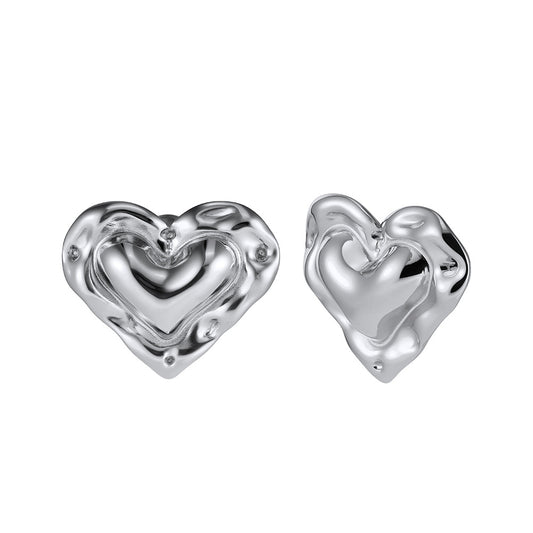 Silver Stainless Steel Irregular Molten Double Heart Stud Earrings