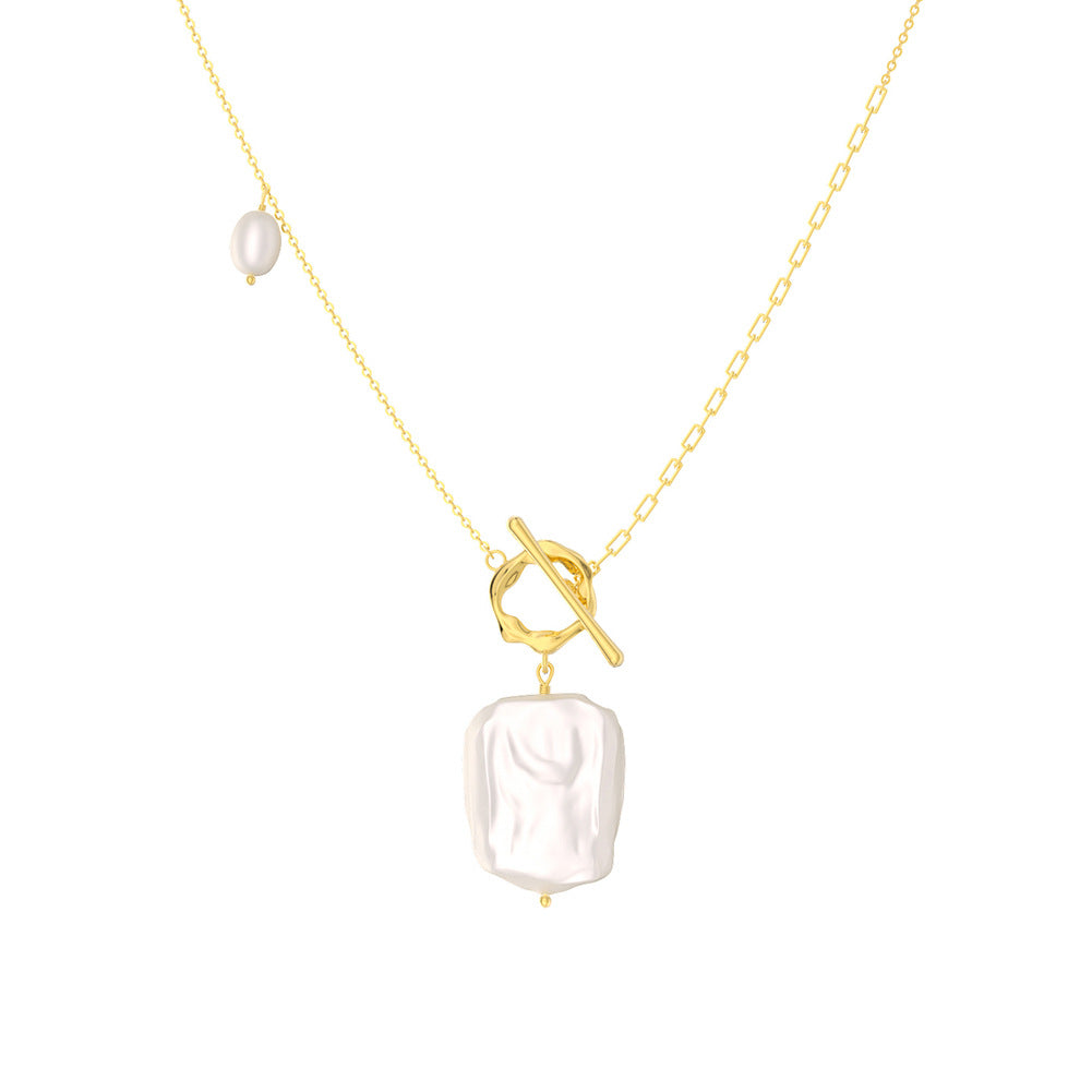Gold Stainless Steel Baroque Square Pearl Pendant Necklace, OT Toggle Clasp Mixed Link Chain Necklace