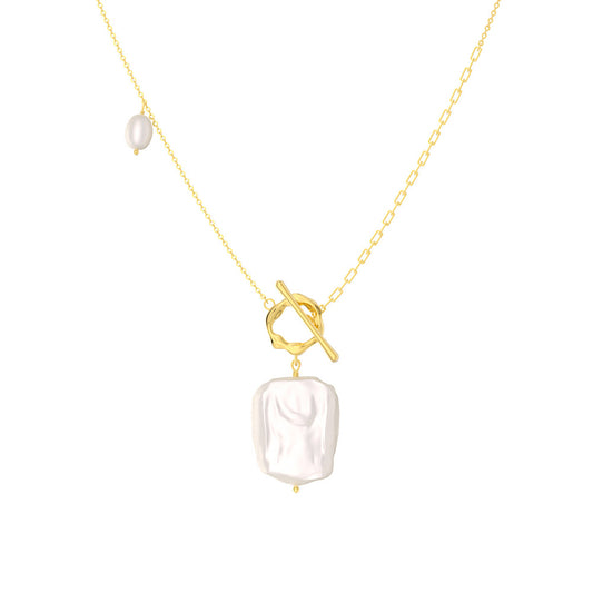 Gold Stainless Steel Baroque Square Pearl Pendant Necklace, OT Toggle Clasp Mixed Link Chain Necklace
