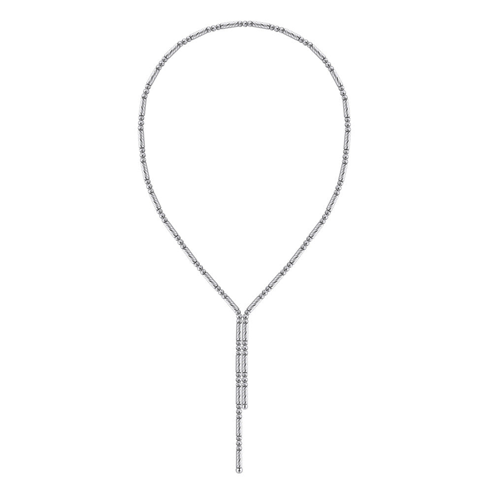Gold Stainless Steel Beaded Y Lariat Necklace, Small Tube & Round Bead Adjustable Drop Chain