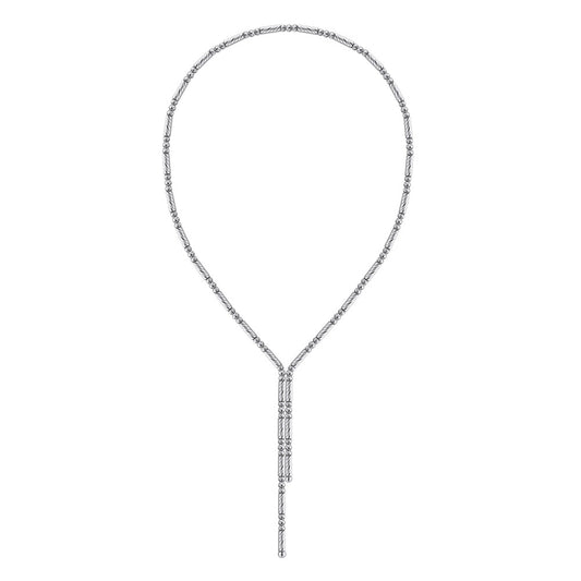 Gold Stainless Steel Beaded Y Lariat Necklace, Small Tube & Round Bead Adjustable Drop Chain