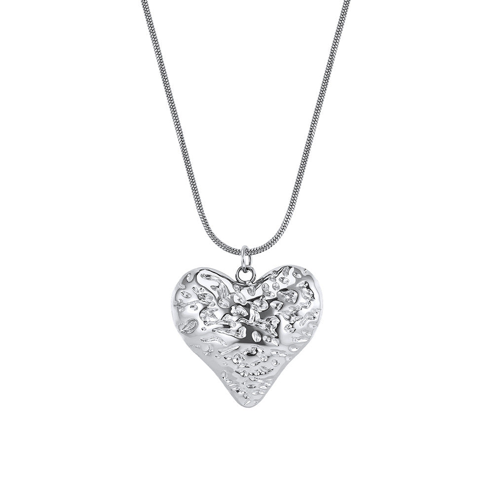 Gold Stainless Steel Hammered Heart Pendant Necklace, Textured Wavy Heart Charm Snake Chain Necklace