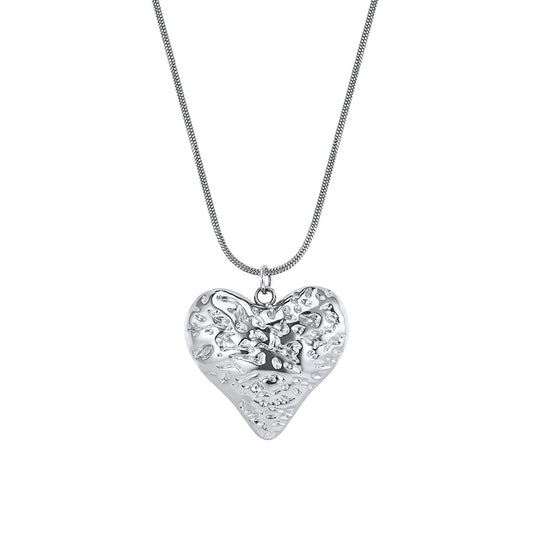 Gold Stainless Steel Hammered Heart Pendant Necklace, Textured Wavy Heart Charm Snake Chain Necklace