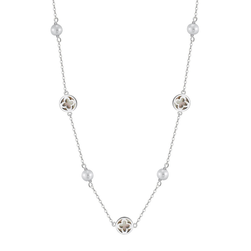 Silver Clover & Pearl Station Necklace, Hollow Four Leaf Clover Mother of Pearl Inlay with Lustrous Round Freshwater Pearls