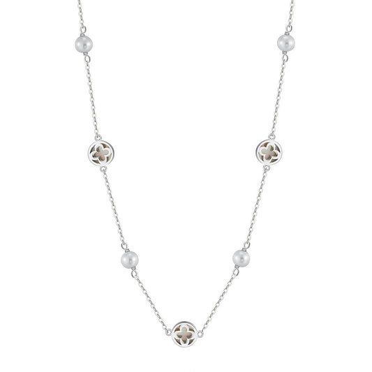 Silver Clover & Pearl Station Necklace, Hollow Four Leaf Clover Mother of Pearl Inlay with Lustrous Round Freshwater Pearls