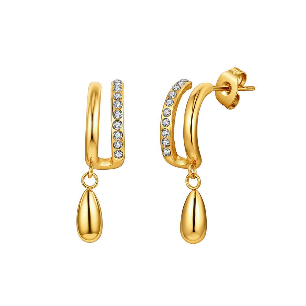 Gold Plated Stainless Steel C Shape CZ Stud Earrings with Teardrop Metal Drop Charm