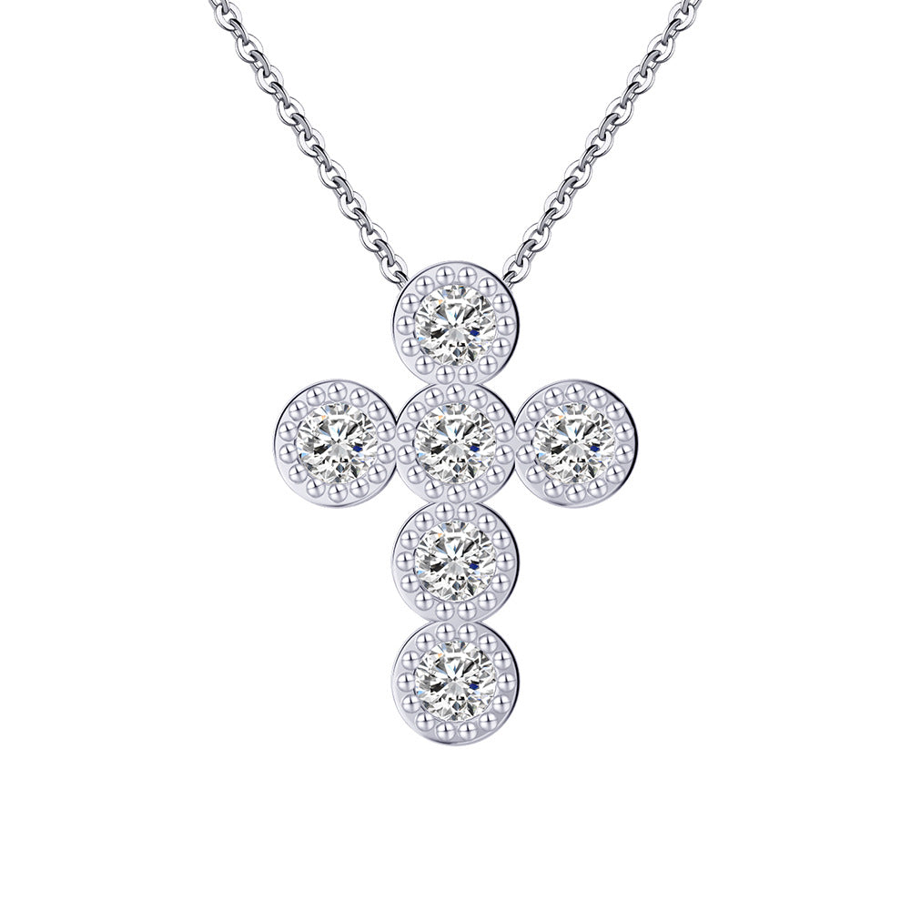 Gold Stainless Steel Cross Necklace with 6 Round Bezel Set Cubic Zirconia Stones, Vintage Coin Edge Cross Pendant