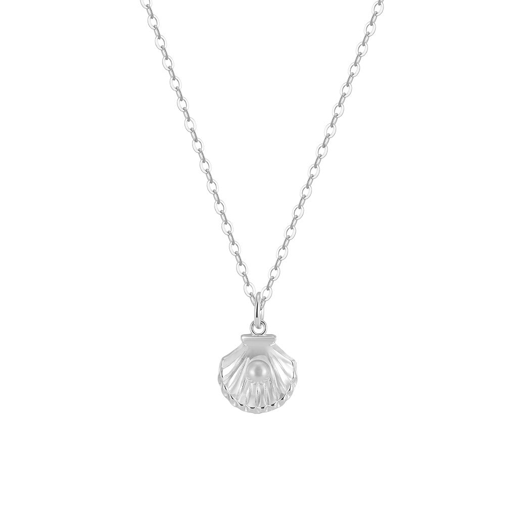 Seashell Freshwater Pearl Necklace, Mini Round Glossy Pearl Inside Shell Silver Pendant Necklace