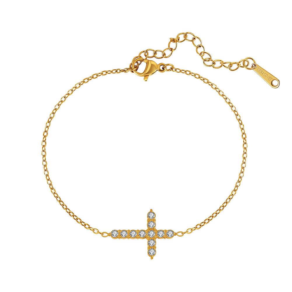 Gold Plated Stainless Steel Dainty Cross Bracelet, Cross Charm Inlaid with Clear Round CZ Stones, Thin Cable Chain