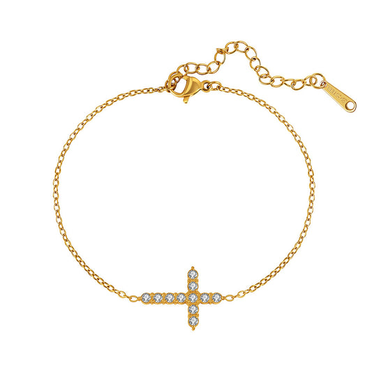 Gold Plated Stainless Steel Dainty Cross Bracelet, Cross Charm Inlaid with Clear Round CZ Stones, Thin Cable Chain