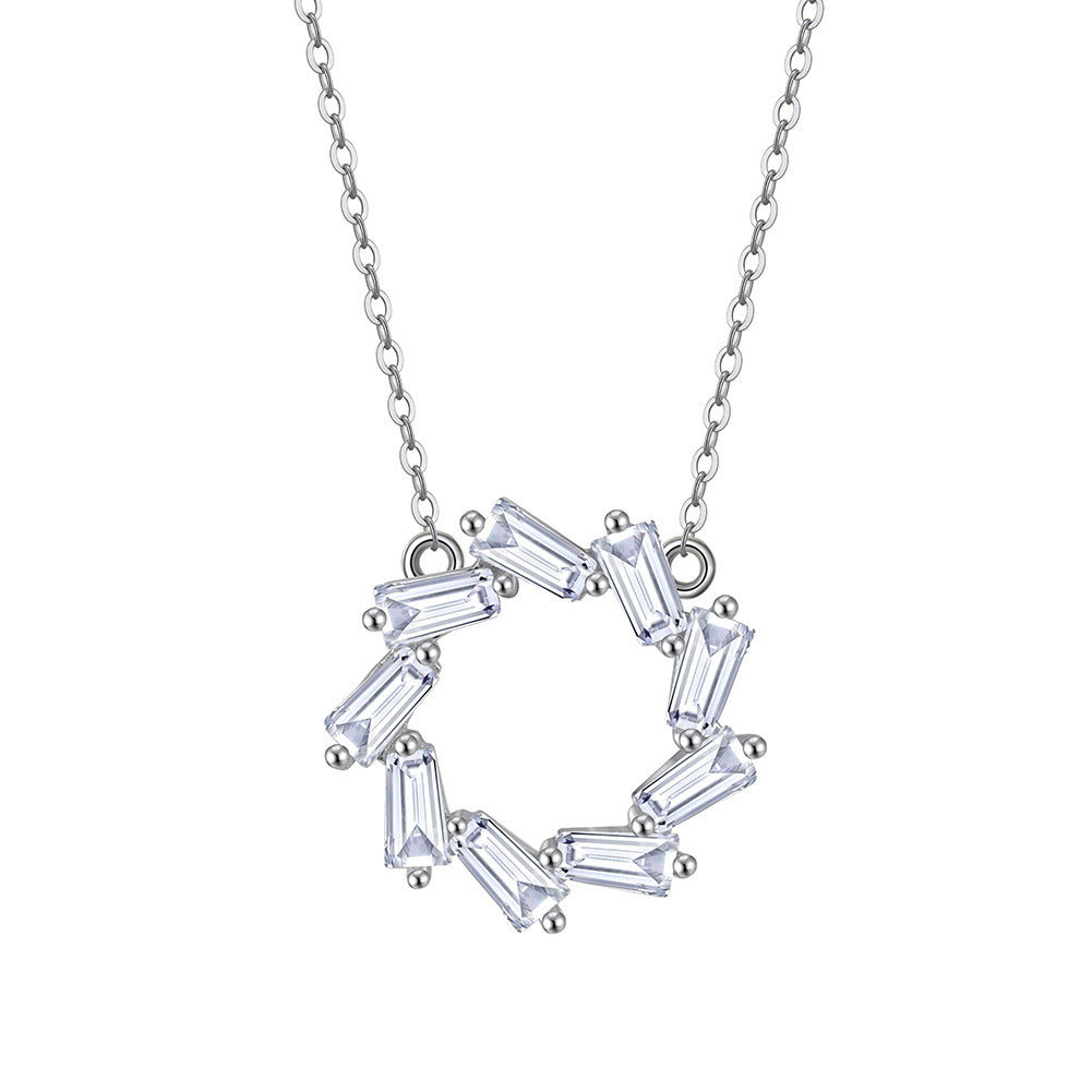 Silver Stainless Steel Baguette CZ Wreath Pendant Necklace, Rectangle Cut Cubic Zirconia Hollow Circle Charm Cable Chain