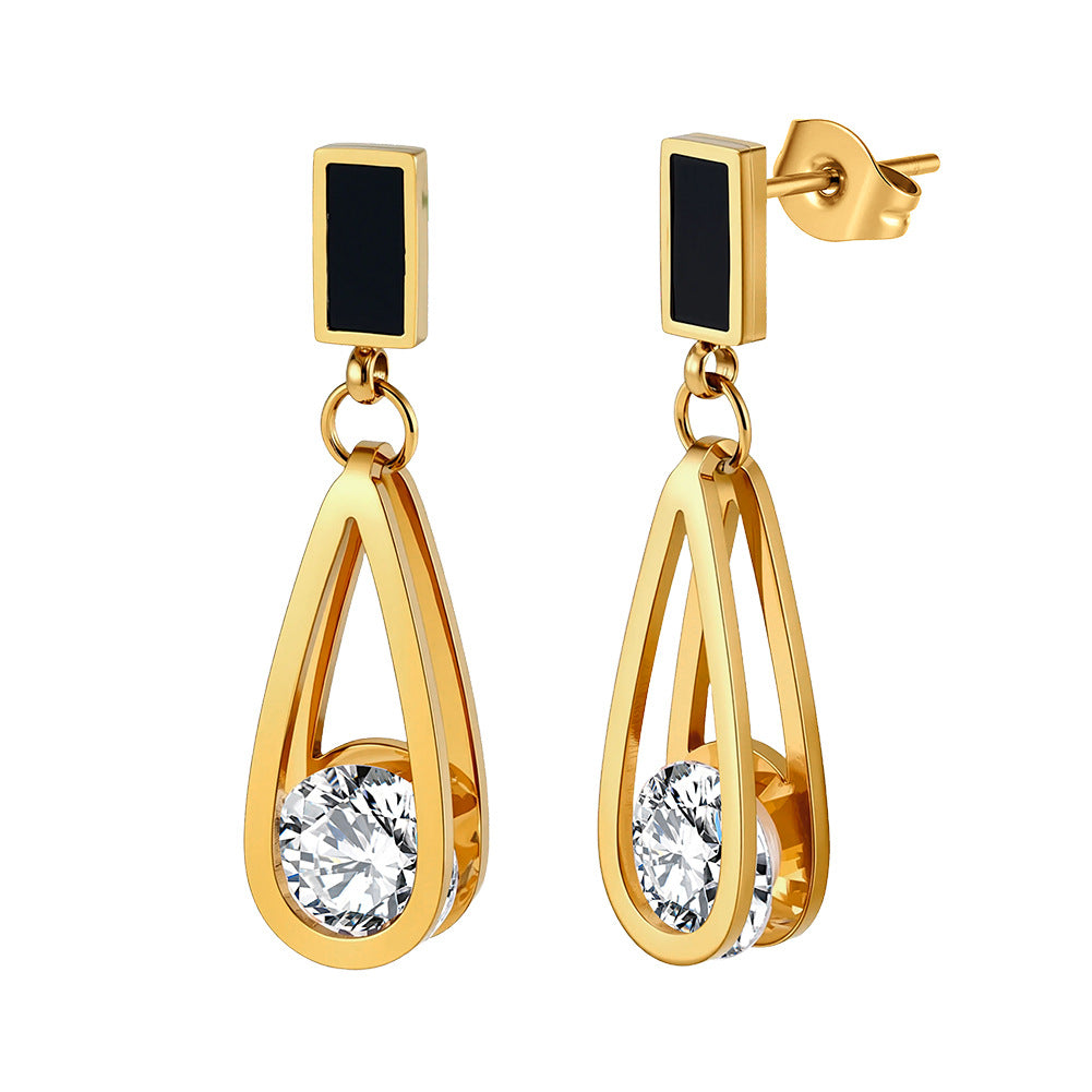 Gold Plated Stainless Steel Black Enamel Teardrop Hollow Frame CZ Dangle Earrings
