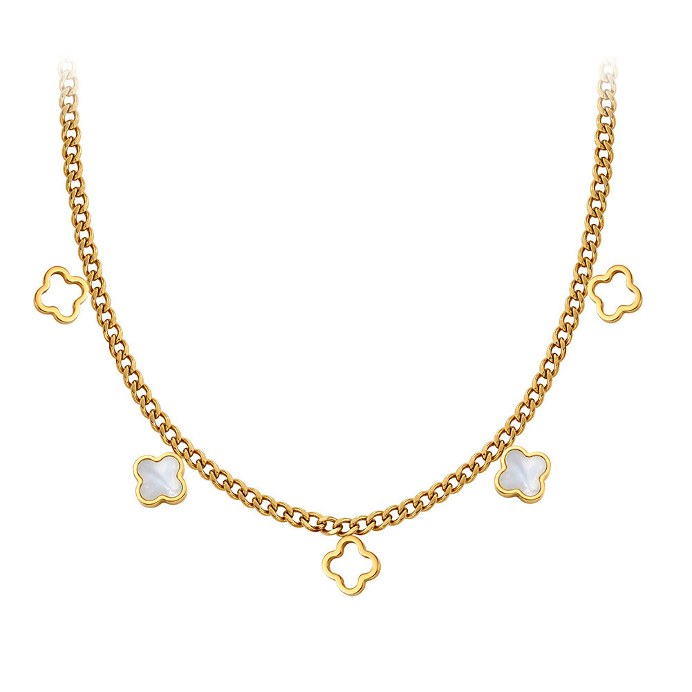 Gold Stainless Steel Clover Choker Necklace, Hollow & White Shell Inlaid Four Leaf Clover Charms, Cuban Link Chain