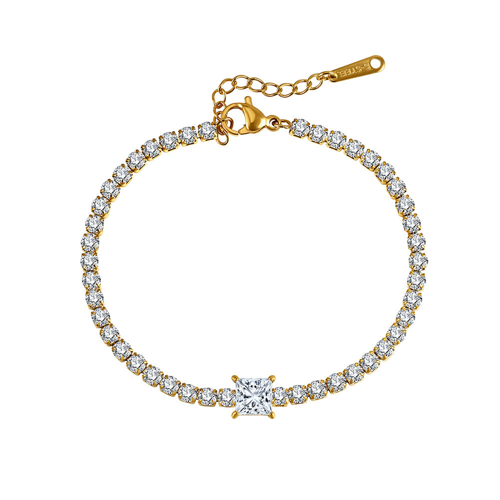 Gold Plated Stainless Steel Tennis Bracelet, Princess Square CZ Center Stone with Pave Round CZ Stones