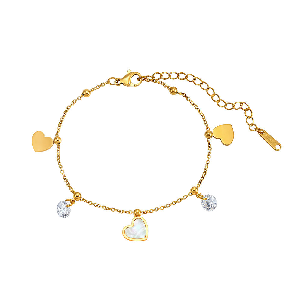 Gold Plated Stainless Steel Dainty Cable Chain Bracelet, Mix Heart Charms with Round CZ Stones & Spacer Beads, Adjustable Extension