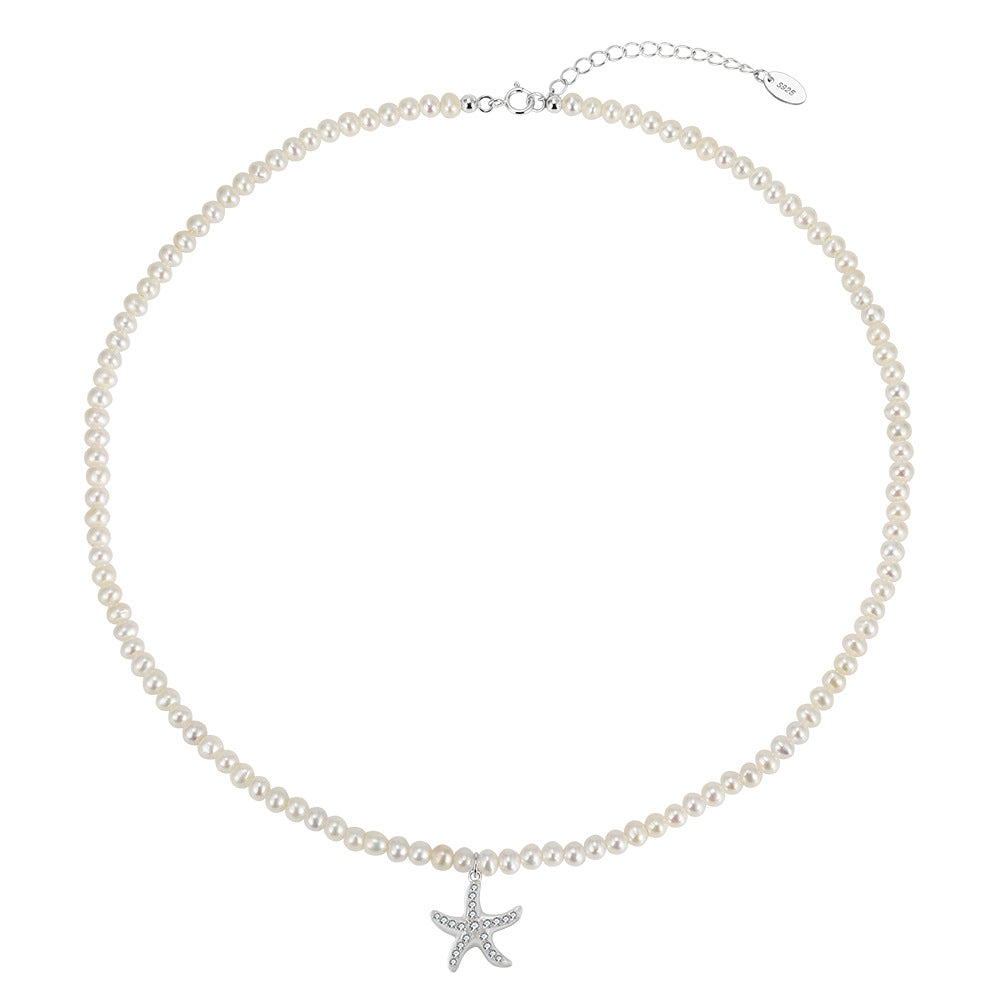 Mini Rice Freshwater Pearl Choker Necklace, Lustrous White Tiny Pearls with Paved Cubic Zirconia Starfish Pendant S925 Silver Chain