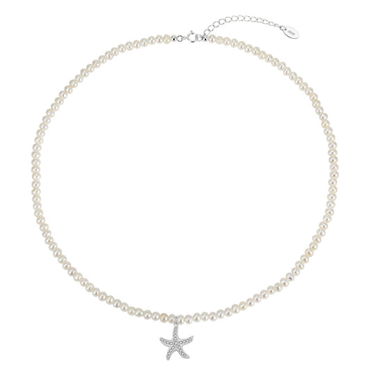 Mini Rice Freshwater Pearl Choker Necklace, Lustrous White Tiny Pearls with Paved Cubic Zirconia Starfish Pendant S925 Silver Chain