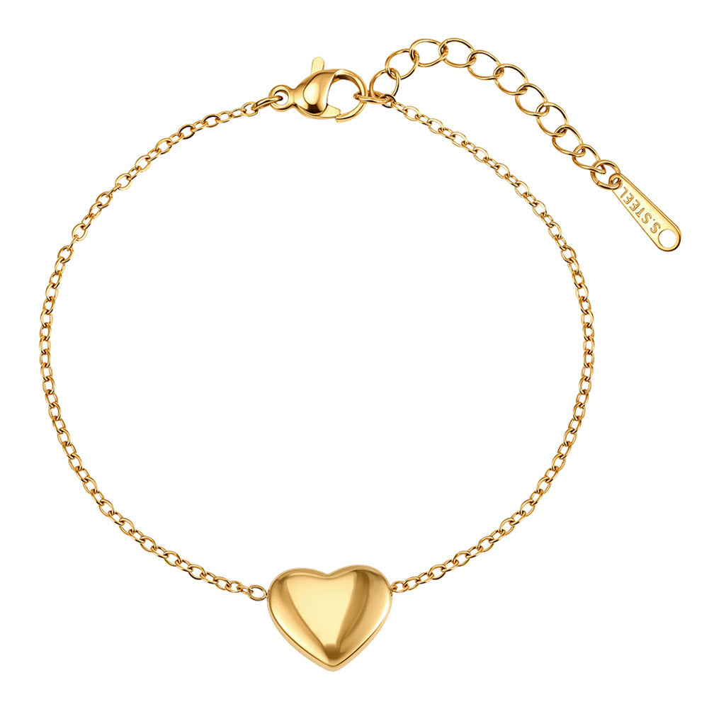 Gold Plated Stainless Steel Puffy Heart Bracelet, Solid 3D Heart Charm on Thin Adjustable Cable Chain